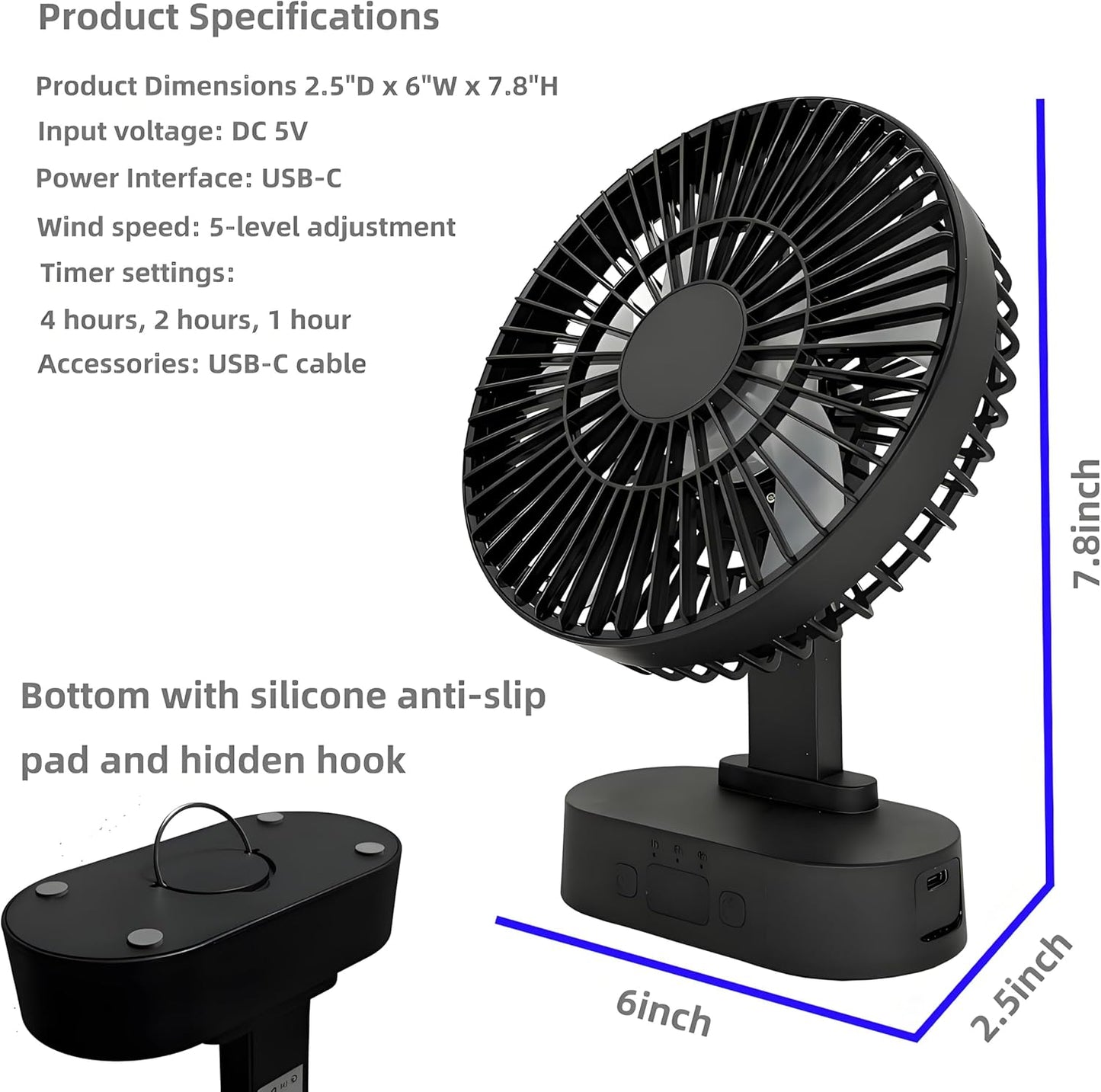 Skiennix USB Mini Desk Fan - 6-Inch, 5-Speed Adjustable Wind, Digital Display & 90-Degree Rotation | Black