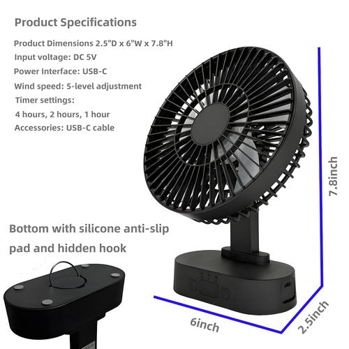 PLSNCFSM USB Small Mini Quiet Desk Fan 6-Inch Size, 5-Speed Adjustable Wind Strength with Digital Display, 3-Level Timer Auto Shut-Off, and 90-Degree Rotation (Black)
