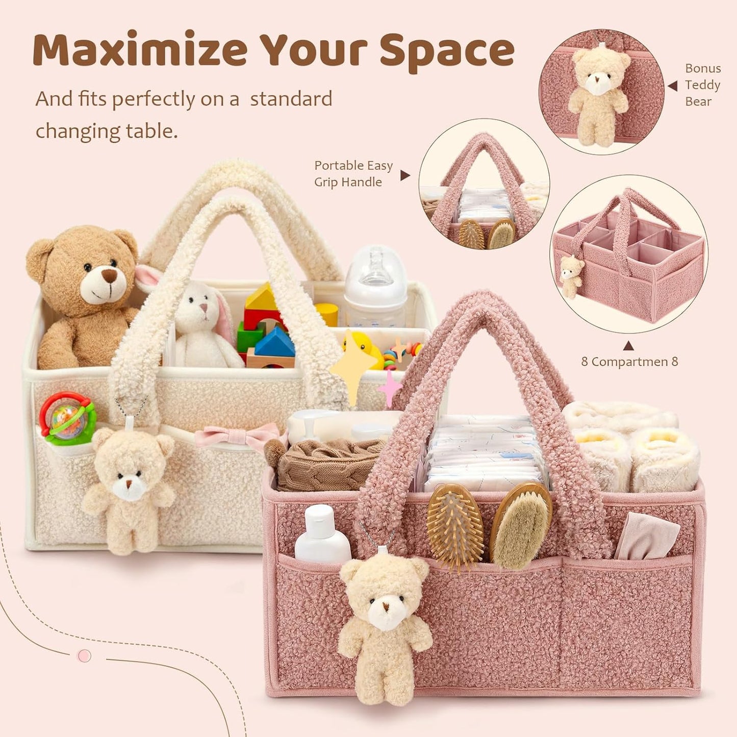 Shinylin Diaper Caddy Organizer - 2 Pack Nursery Storage Bins with Handle | Powder Pink & Ivory