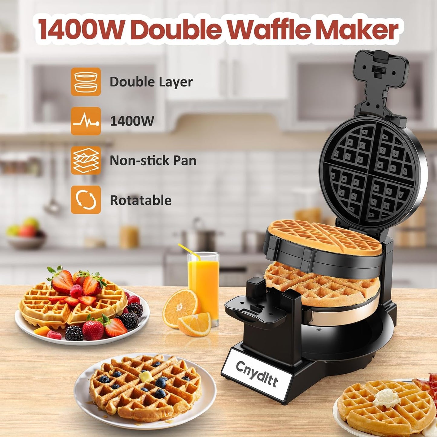 Skiennix Double Waffle Maker - 1400W Rotating Belgian Waffle Iron with Nonstick Plates & Removable Drip Tray | Black
