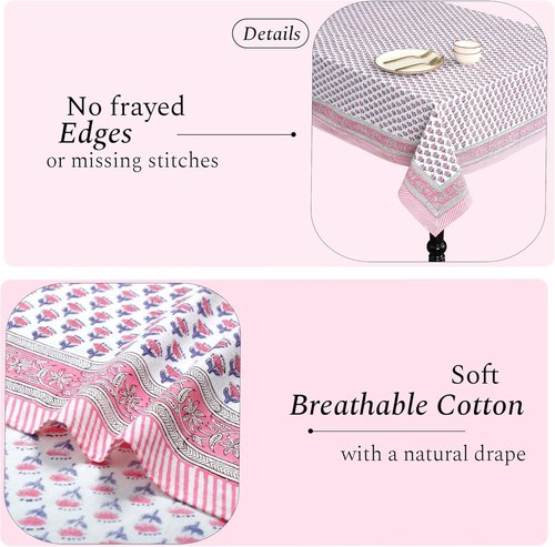 CPG Tablecloth - 100% Cotton Square Table Cover | 60x60 Inch Indian Block Print - Pink Sapphire