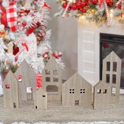 AuldHome Design Wood House Silhouettes - Set of 7 Holiday Decor Cutouts for Christmas