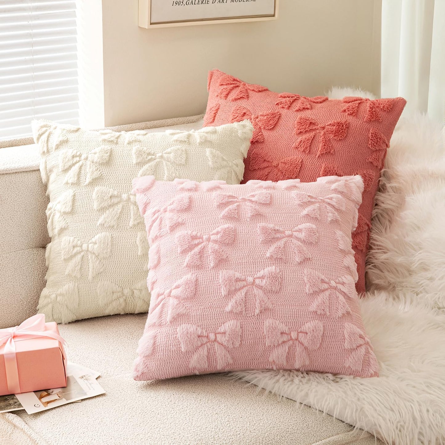 MIULEE Light Pink Bow Pillow Covers - Soft Plush Decorative Set of 2 | 18x18 Inch Aesthetic Room Decor