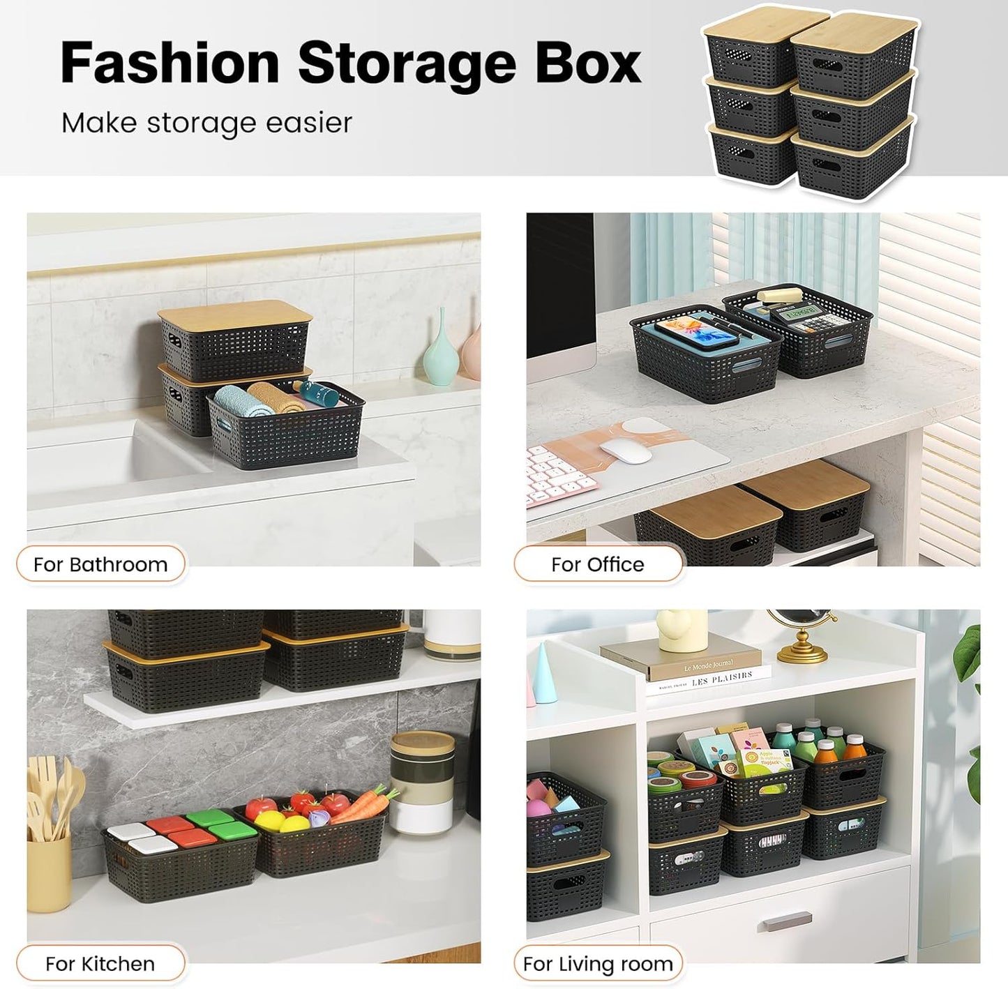 Ohmlove Plastic Storage Baskets - Stackable Containers with Bamboo Lid | 6-Pack for Organizing Home & Office
