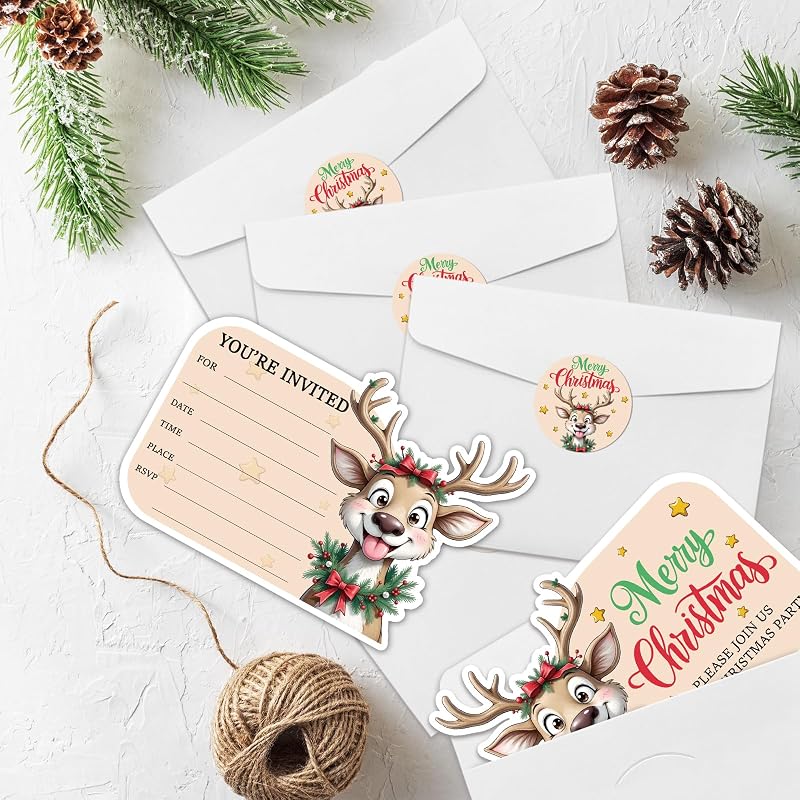 Christmas Elk Invitation Set with Envelopes & Stickers – 15 Cards, 15 Envelopes, 15 Seals