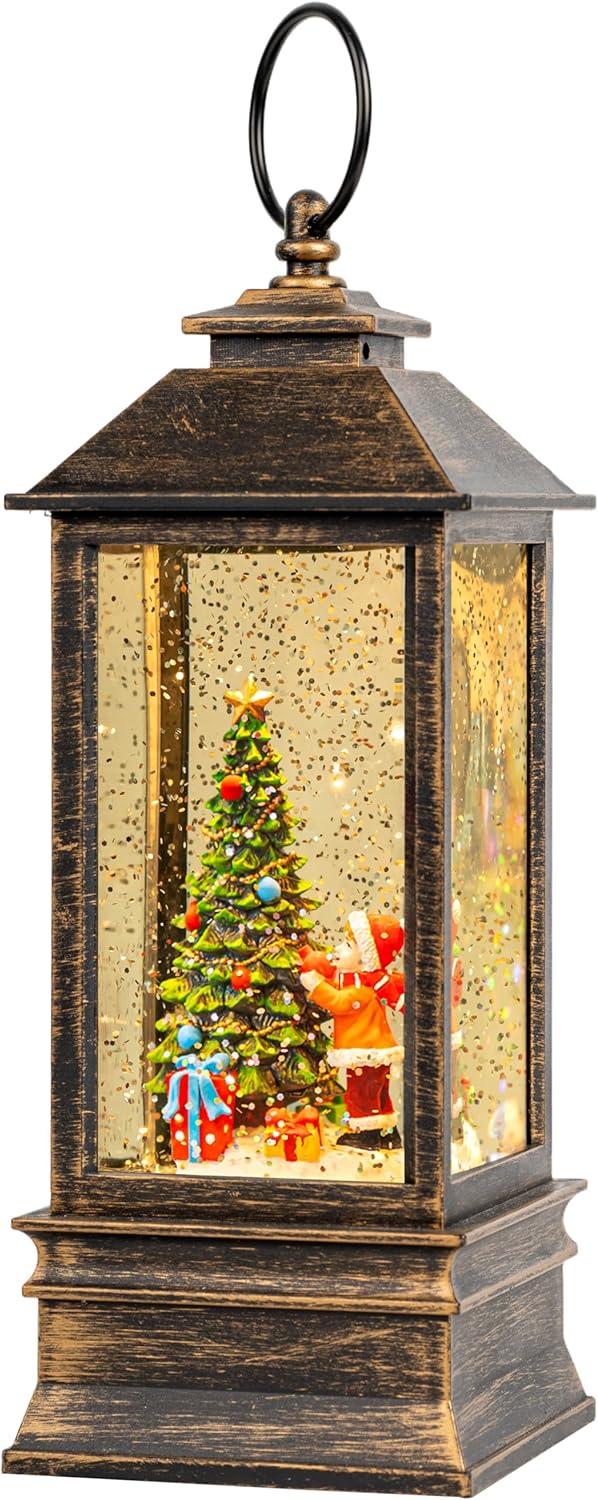 Skiennix 10'' Musical Snow Globe Lantern - Lighted Water Decoration with Swirling Glitter | Battery or USB Powered for Christmas Home Decor