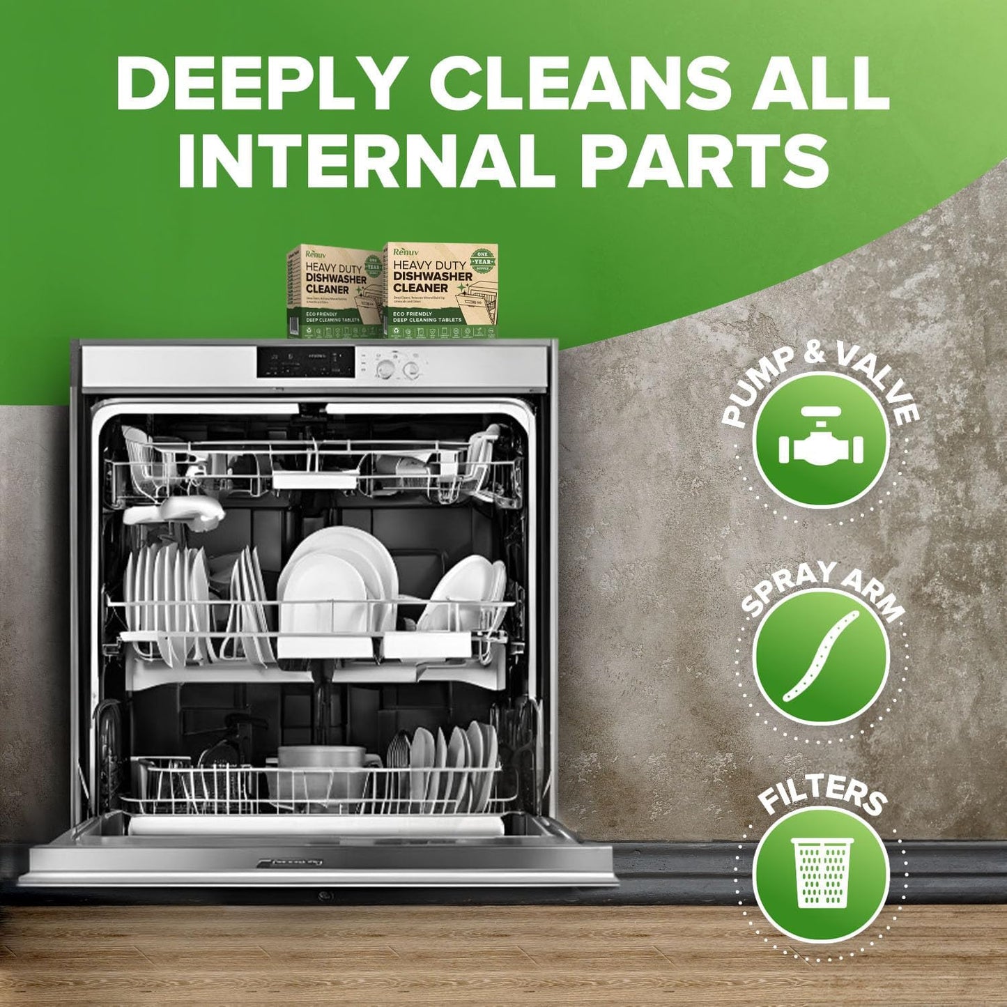 Renuv® Dishwasher Cleaner Tablets - Heavy Duty Deodorizer & Descaler for Hard Water Marks | 12 Tabs