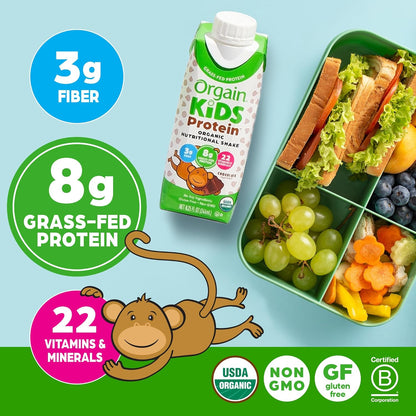 Orgain Organic Kids Protein Shake - Chocolate Flavor, 8g Dairy Protein, Gluten-Free, 12-Pack (8.25 Fl Oz)