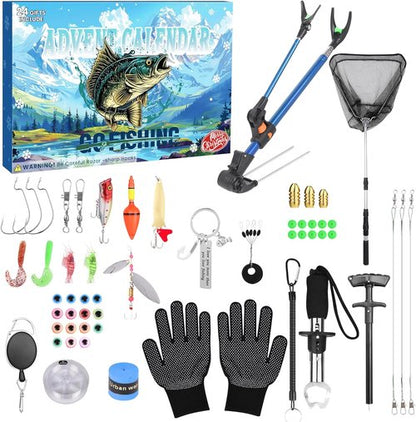 Fishing Advent Calendar 2025 - 24-Day Countdown with Telescopic Landing Net, Fish Gripper & Rod Holder