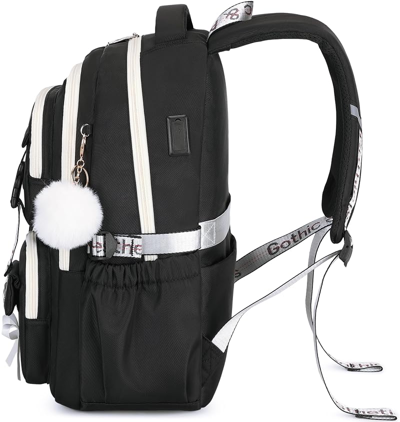 Gothic School Backpack for Girls with USB Ports - Black