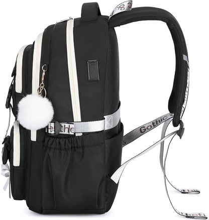 Gothic School Backpack for Girls with USB Ports - Black