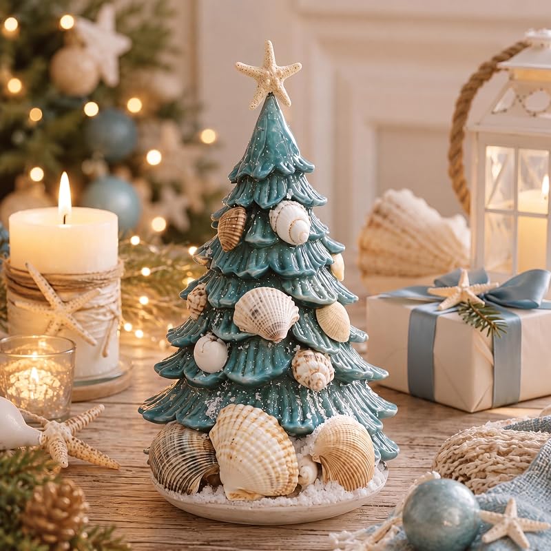 Coastal Christmas Tree Decor - 7.9'' Seashell Resin Tabletop Holiday Figurine