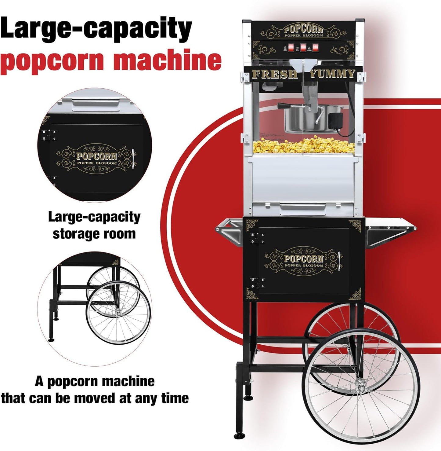 Skiennix 20 Oz Popcorn Machine Cart - Sleek Black Popcorn Maker with Storage Stand & Wheels