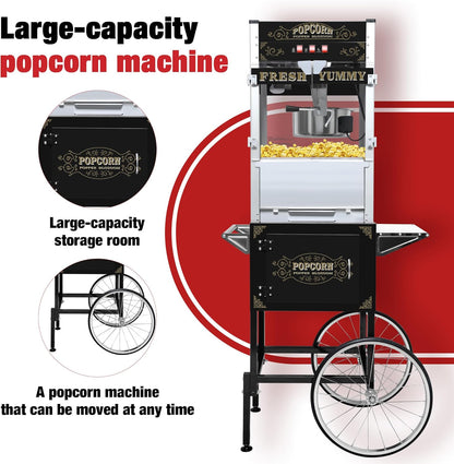 Skiennix 20 Oz Popcorn Machine Cart - Sleek Black Popcorn Maker with Storage Stand & Wheels