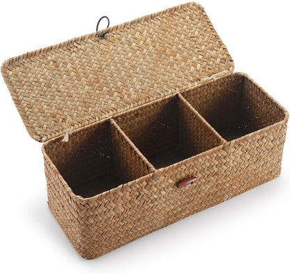 Seagrass Tank Basket - Woven Storage Basket with Lid for Organizing Snacks & Toys | Large 16.5" L x 5.5" W x 5.5" H