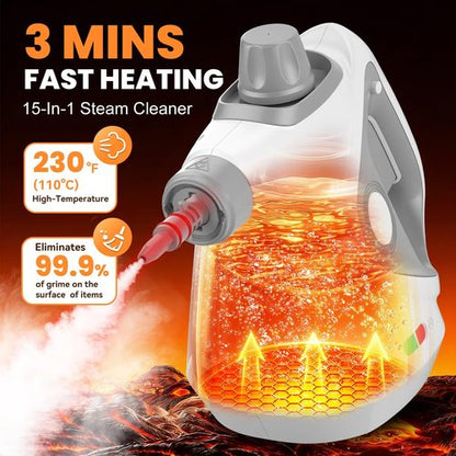 Handheld Steam Cleaner for Home, Pressurized Portable Steamer for Cleaning with 15 Accessories for Multi-Surface Cleaning, Floors, Tiles, Grout, Kitchen, Bathroom, Couch & Car(Grey Cap&Grey Handle)