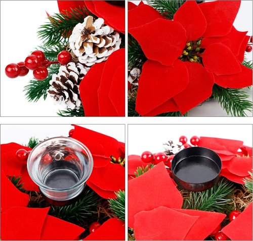 FORUP Christmas Centerpiece - Elegant Poinsettia Tabletop Decor with 3 Candle Holders for Home Parties
