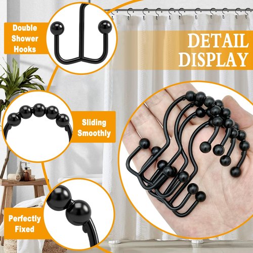 Shower Curtain Hooks, 12 Pcs Rustproof Metal Shower Curtain Rings,Free Sliding Double Shower Hooks for Shower Curtain & Liners, Shower Curtain Hangers for Bathroom Shower Curtain Rods Curtains (Black)