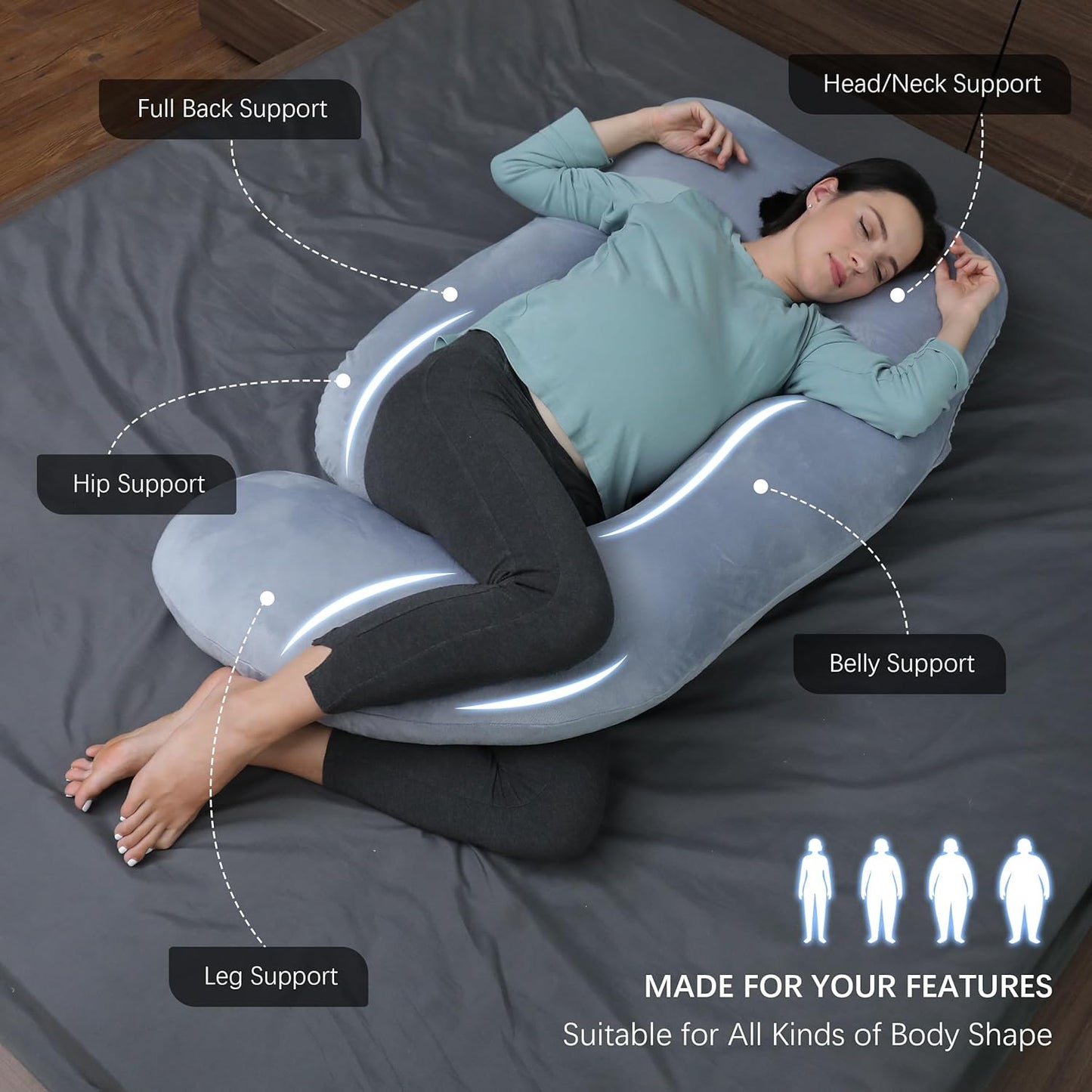 MOON PARK Pregnancy Pillow - 57-Inch U-Shaped Full Body Maternity Support - Removable Cover, Grey