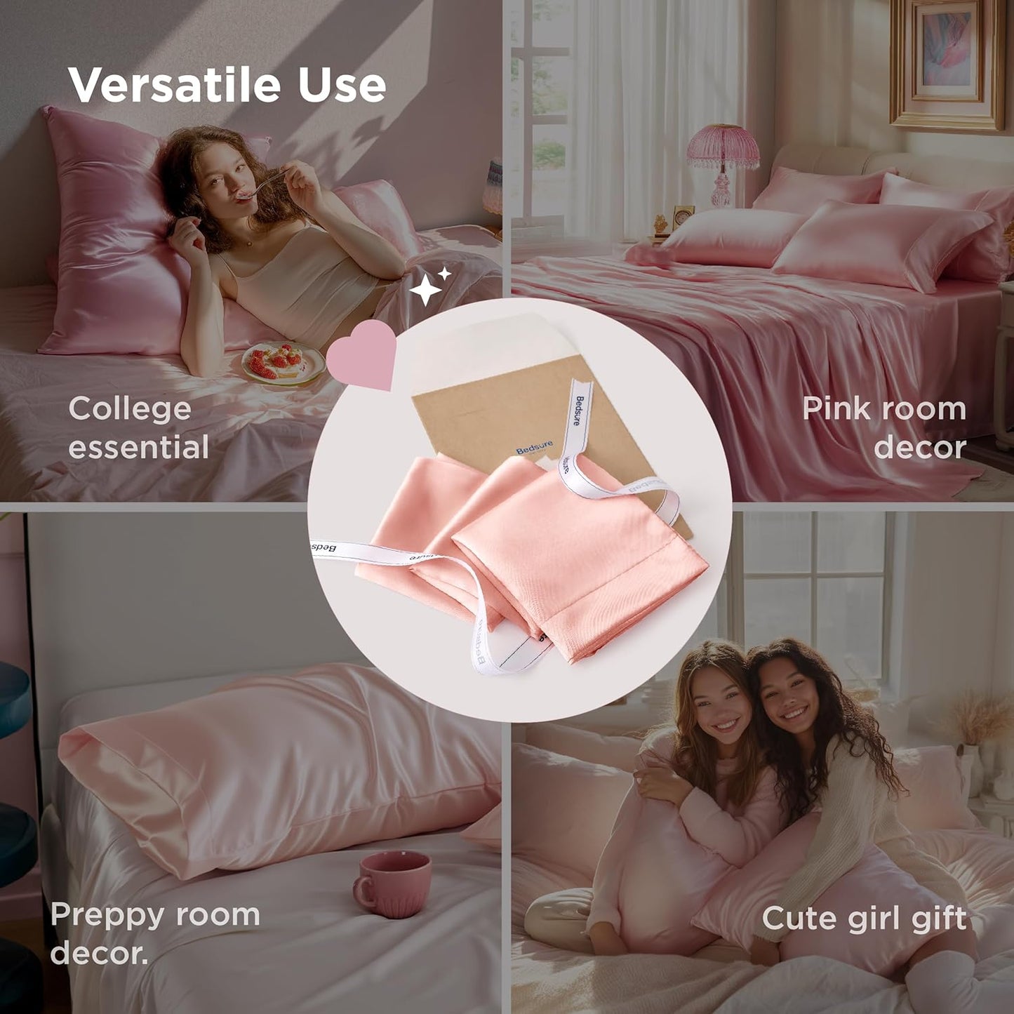 Bedsure King Size Satin Pillowcase Set of 2 - Peach Pink Silky Cases for Hair & Skin, 20x36 Inches