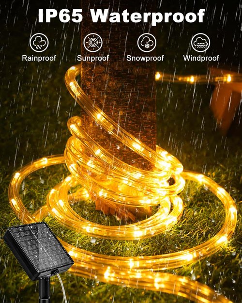 Btfarm Solar Rope Lights - 120 LED Waterproof Outdoor String Lights | 46FT with 8 Lighting Modes for Garden & Party Decor - Warm White