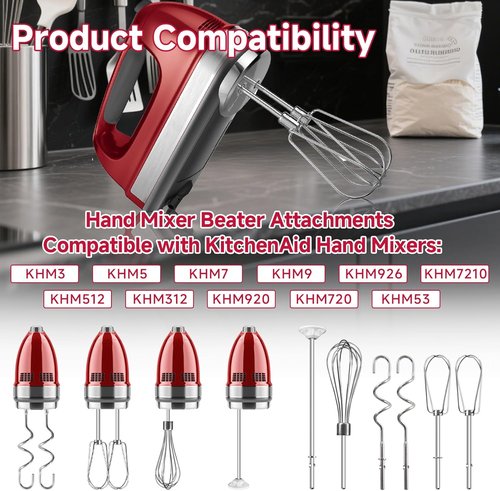 Kitchenaid Hand Mixer Attachments - Stainless Steel Beater Set with Whisk, Mixing Rod & Dough Hook | 6-Piece Set