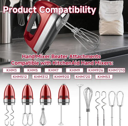 Kitchenaid Hand Mixer Attachments - Stainless Steel Beater Set with Whisk, Mixing Rod & Dough Hook | 6-Piece Set