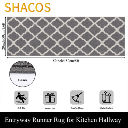 SHACOS Washable Runner Rug 20"x59" Dirt Trapping Non Slip Rubber Backing Rug Runner Floor Mats Carpet Runners for Entryway Hallway Kitchen Garage Laundry Room, Light Gray