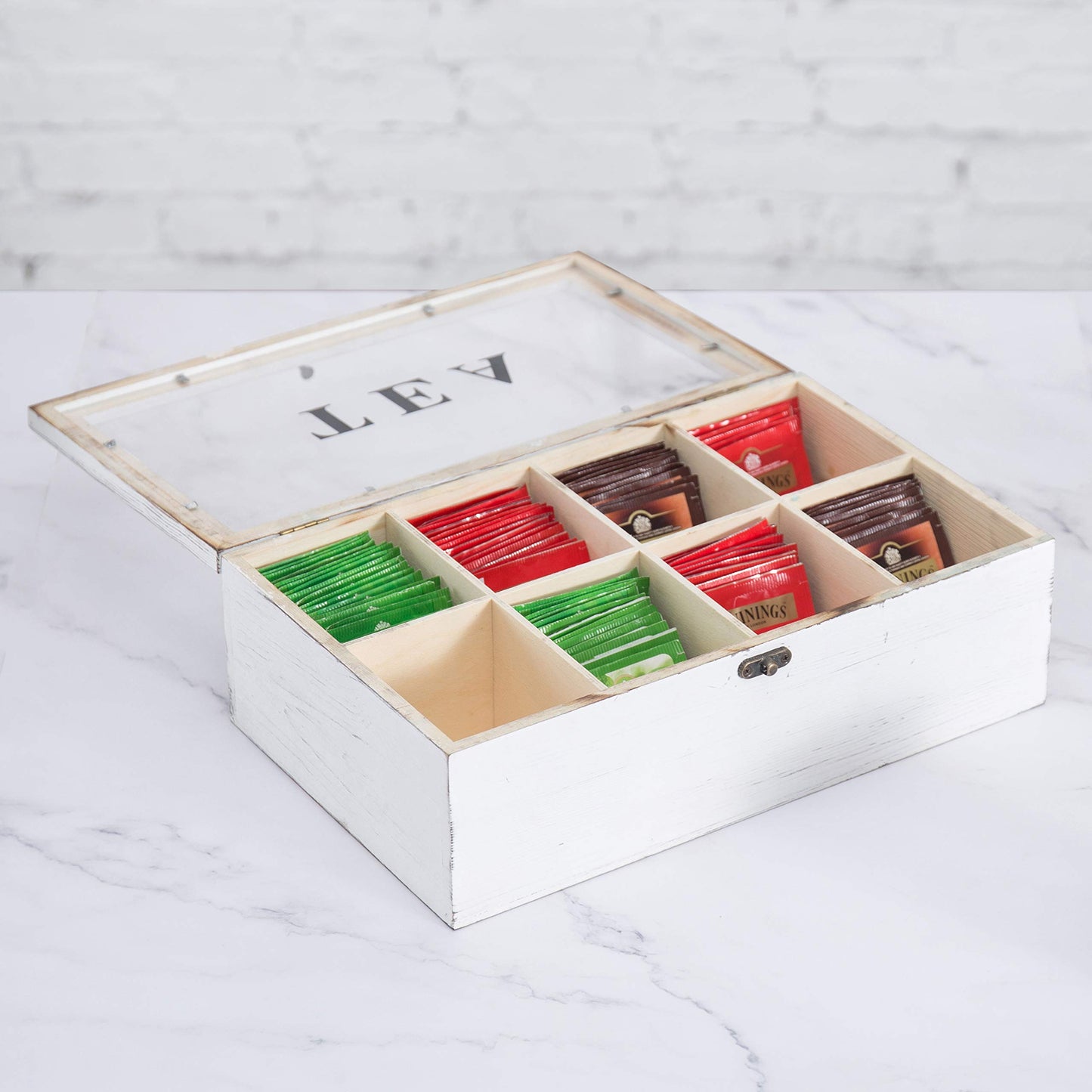 MyGift Vintage White Solid Wood Tea Organizer Box - 8 Compartments, Tea Bags and Condiments Packet Holder with Lid with Latch