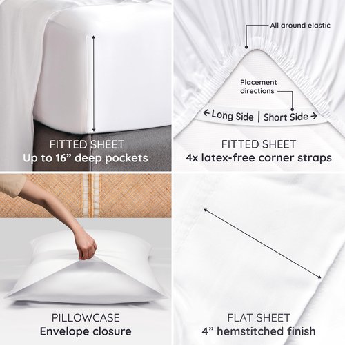 Bambaw 100% Viscose Derived from Bamboo Sheets Queen Size Deep Pocket Set – 4pcs Hotel Luxury Bed Sheets Set, Fits Up to 16'' with Elastic Corner Straps, Ultra Soft Cooling Sheets Queen Size (White)