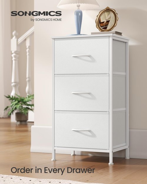 SONGMICS Dresser for Bedroom, Chest of Drawers, Steel, MDF, 3 Non-Woven Fabric Drawers, Storage Organizer Unit, Closet, Entryway, Cloud White and Snow White ULGS313W01S