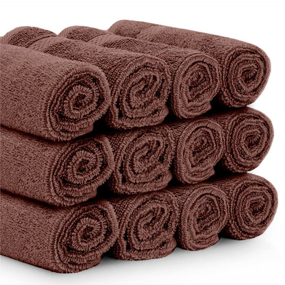 White Classic Luxury Cotton Washcloths 13x13 Inch - 650 GSM Turkish Cotton | Hotel, Spa, Bathroom Face Towel | 12 Pack, Brown