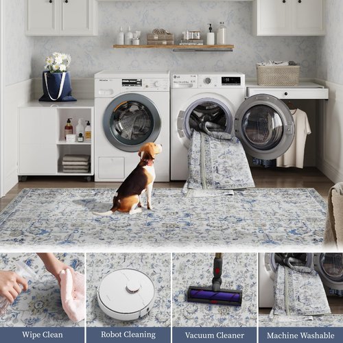 jinchan Runner Rug 3x7 Washable Area Rug Soft Indoor Floor Cover Thin Retro Distressed Blue Multi Carpet Floral Print Country Boho Non Slip for Bathroom Kitchen Bedroom Living Room