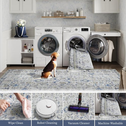 jinchan Runner Rug 3x7 Washable Area Rug Soft Indoor Floor Cover Thin Retro Distressed Blue Multi Carpet Floral Print Country Boho Non Slip for Bathroom Kitchen Bedroom Living Room