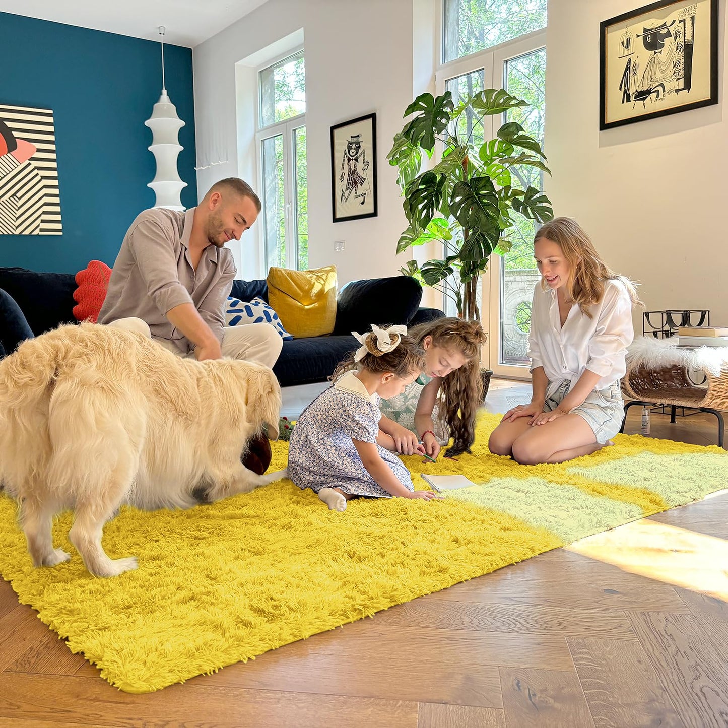 OLANLY 5x7 Machine Washable Large Area Rugs for Living Room, Bedroom, Soft Fluffy Shaggy Bedside Rug, Indoor Floor Carpet for Kids Girls and Boys, Dorms, Nursery, Home Decor Aesthetic, Yellow