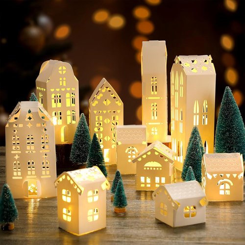 Chunful 20 Pack Christmas Village Houses Set - White Winter Decor with Lights & Trees for Holiday Scenes