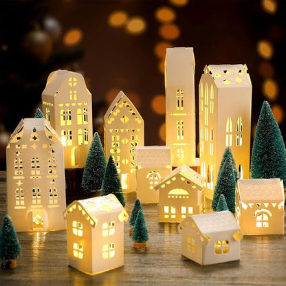 Chunful 20 Pack Christmas Village Houses Set - White Winter Decor with Lights & Trees for Holiday Scenes