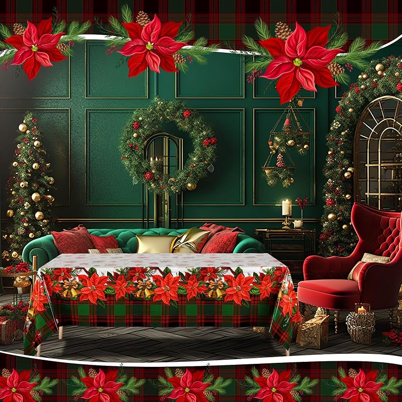 Peryiter 6 Pcs Merry Christmas Plastic Poinsettia Tablecloths 54 x 108 Inches - Variation 6