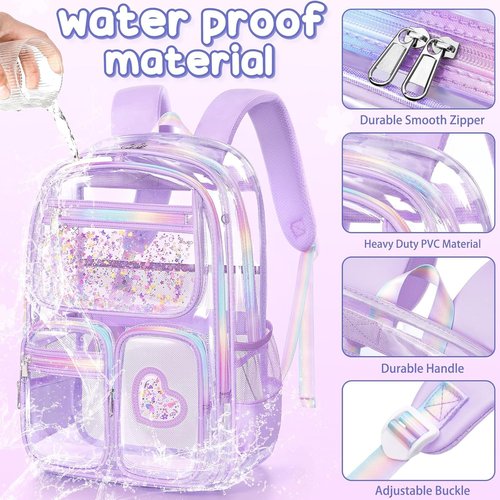 Fimibuke Clear Backpack for Girls - Heavy Duty PVC See-Through Bookbag with Lunch Box & Pencil Case | Pink