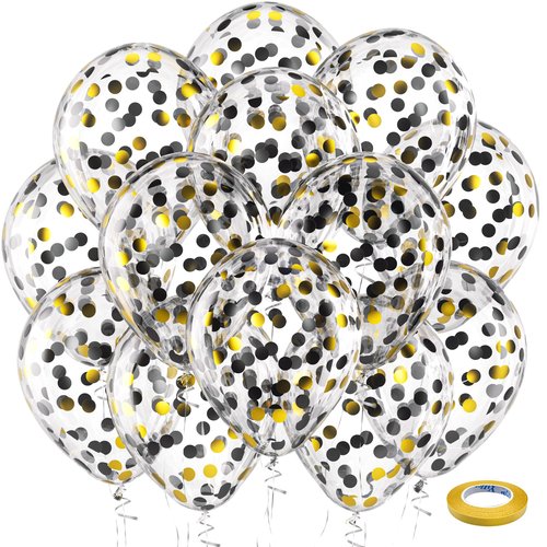 Bezente Black Gold Confetti Latex Balloons - 60 Pack 12 inch Helium Black Gold Confetti Balloons for Wedding Graduation Bridal Shower Birthday Party Decorations