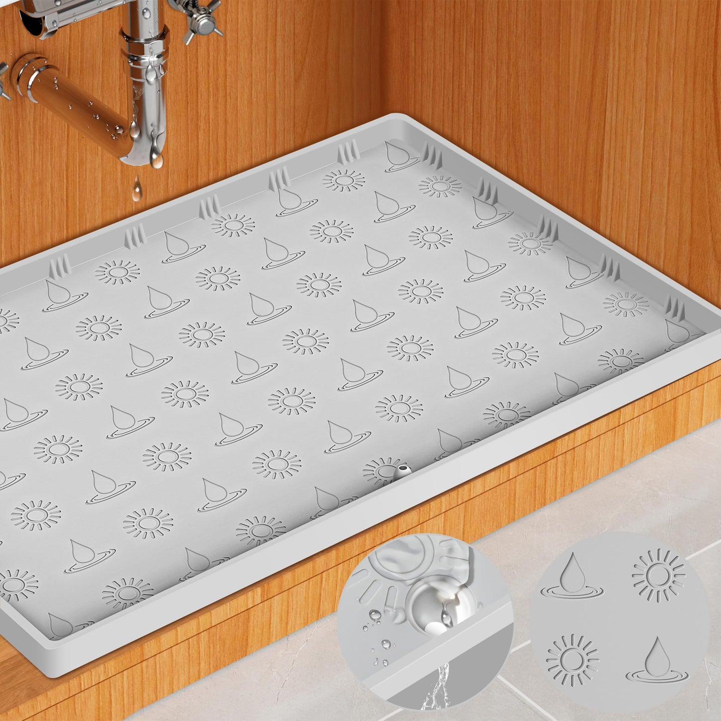 Doasuwish Under Sink Mat 28"x22",Waterproof Silicone Kitchen Sink Mat with Drain Spout,Multiple Uses Shelf Liner Drip Tray, Under Sink Organizer Protector for Kitchen and Bathroom Cabinet