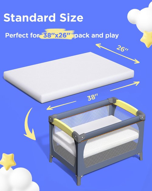 iMMDOKIN Pack and Play Mattress (38"x26"x1.5'') Certified, Hypoallergenic Dual-Sided Portable Crib Mattress Pad for Play Pen, Babies Toddlers, Soft, Waterproof, Machine Washable Cover, Standard Size