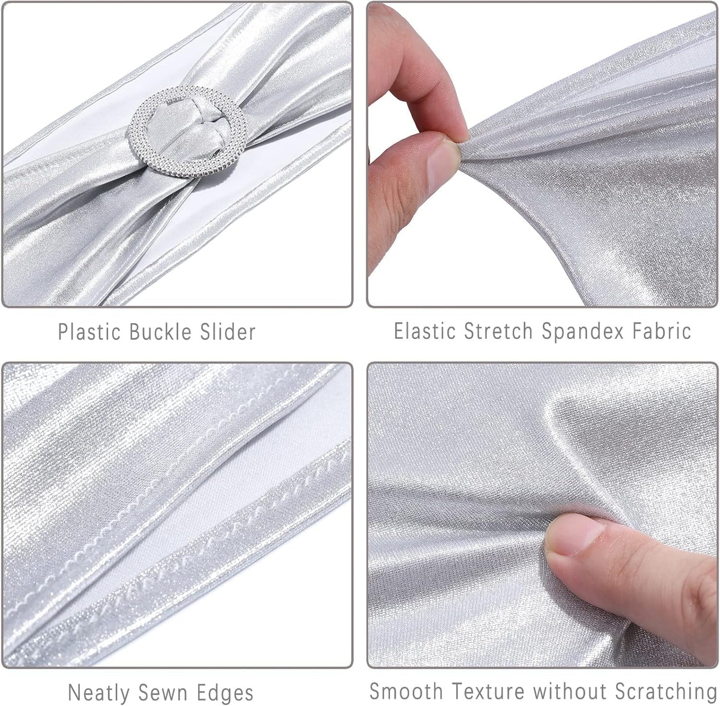MDS Spandex Foil Chair Sashes - Universal Elastic Stretch Bow Ties with Buckle | Metallic Silver, Pack of 75