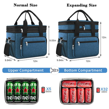 Lunch Box for Men,23L Expandable Insulated Large Cooler Lunch Box, Double Deck Leakproof Lunch Tote Bag with 4 Ice packs,2 Snack Bags, Shoulder Strap for Adult/Women,Work,Picnic,Camping-Blue