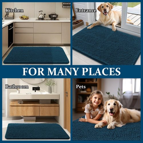 OLANLY Dog Door Mat for Muddy Paws 45x27, Absorbs Moisture and Dirt, Absorbent Non-Slip Washable Doormat, Quick Dry Chenille Mud Mat, Entry Indoor Entryway Carpet for Inside Floor, Atlantic Blue