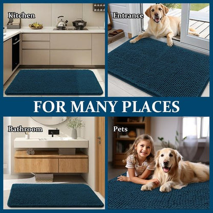 OLANLY Dog Door Mat for Muddy Paws 45x27, Absorbs Moisture and Dirt, Absorbent Non-Slip Washable Doormat, Quick Dry Chenille Mud Mat, Entry Indoor Entryway Carpet for Inside Floor, Atlantic Blue