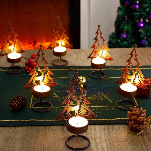 Juegoal Tea Light Candle Holders Set - Rust-Proof Metal Tree & Reindeer Decor | Holiday Centerpiece for Mantel