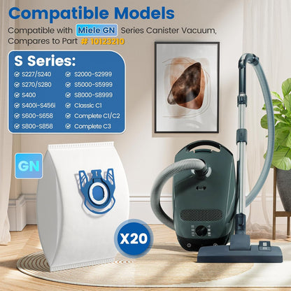 Miele 3D Airclean Vacuum Bags - 20 Pack Compatible with Classic C1, Complete C1-C3, S2-S8 Series