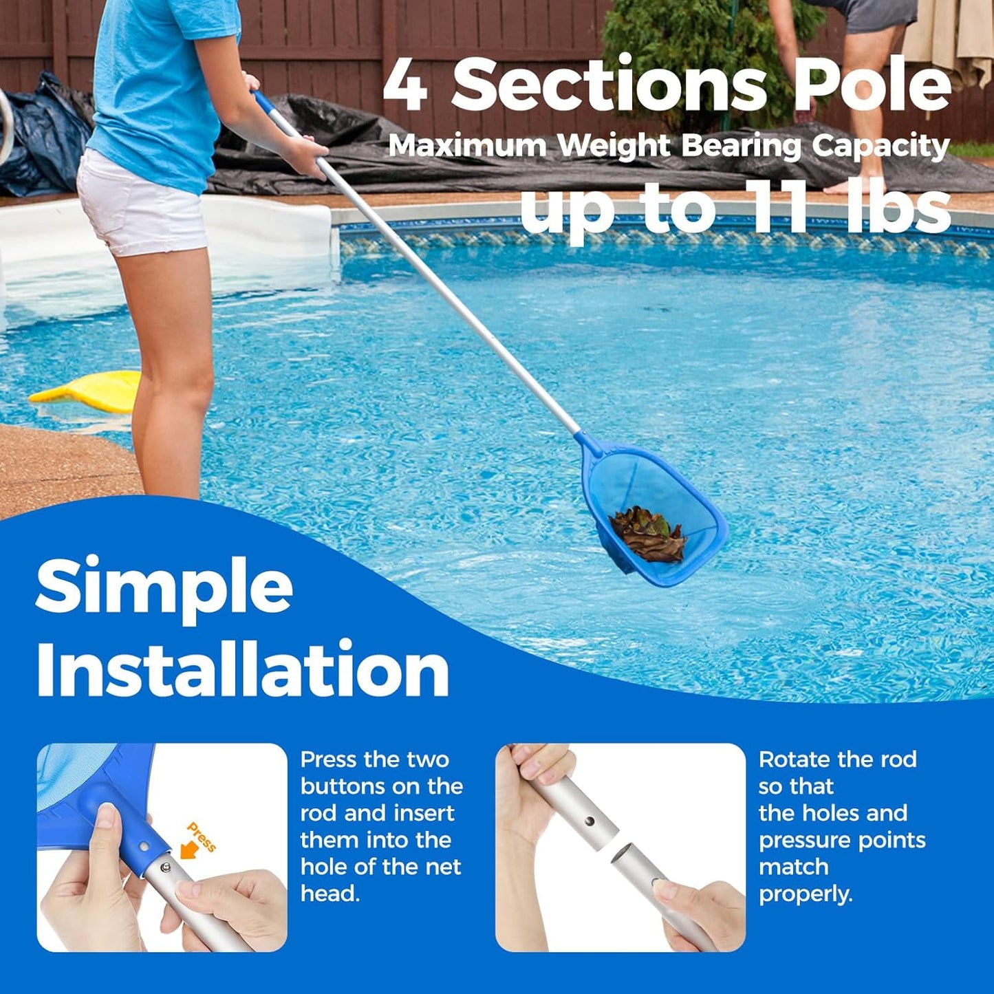 Skiennix Swimming Pool Skimmer Net - 57-Inch Telescopic Aluminum Pole for Fast Cleaning Ponds & Spas