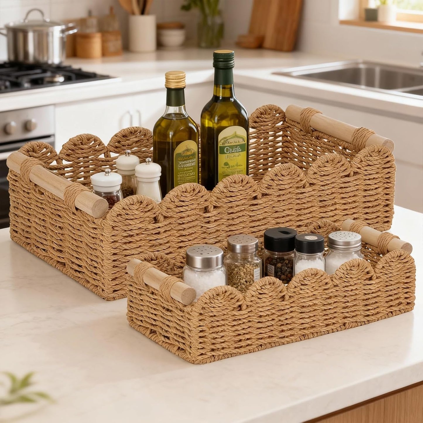 Regine Switzerland Set of 2 Paper Rope Baskets - Scalloped Edge Storage for Bathroom & Living Room | Neutral Color with Wooden Handles